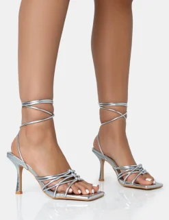 Cheap Keri Metallic PU Strappy Lace Up Mid Heels Strappy Heels | Diamante Heels