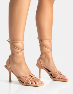 Hot Keri Wide Fit Nude Pu Strappy Lace Up Mid Heels Wide Fit Heels | Wide Fit Heels