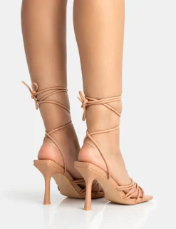 Hot Keri Wide Fit Nude Pu Strappy Lace Up Mid Heels Wide Fit Heels | Wide Fit Heels
