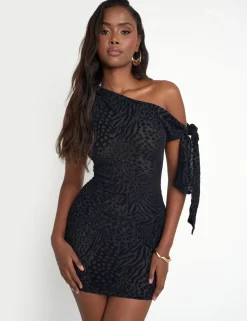 New Knot Detail Asymmetric One Shoulder Leopard Devore Mini Dress Sculpt & Leisure | Kaiia The Label