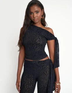 Cheap Knot Detail Asymmetric One Shoulder Leopard Devore Top Sculpt & Leisure | Kaiia The Label