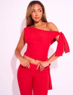 Store Knot Detail Asymmetric One Shoulder Luxe Slinky Top Back In Stock | Co-ords
