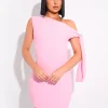 Fashion Knot Detail Asymmetric One Shoulder Luxe Slinky Mini Dress Dresses
