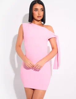 Fashion Knot Detail Asymmetric One Shoulder Luxe Slinky Mini Dress Dresses