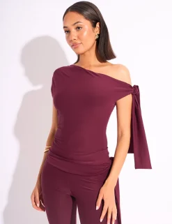 Outlet Knot Detail Asymmetric One Shoulder Luxe Slinky Top Co-ords | Tops