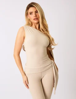 Best Knot Detail Asymmetric One Shoulder Luxe Slinky Top Co-ords | Tops