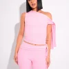 Store Knot Detail Asymmetric One Shoulder Luxe Slinky Top Co-ords | Tops