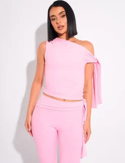 Store Knot Detail Asymmetric One Shoulder Luxe Slinky Top Co-ords | Tops