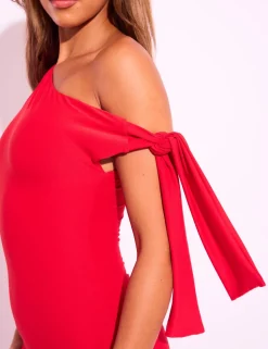 Clearance Knot Detail Asymmetric One Shoulder Luxe Slinky Maxi Dress Dresses