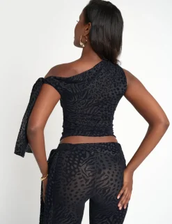 Cheap Knot Detail Asymmetric One Shoulder Leopard Devore Top Sculpt & Leisure | Kaiia The Label