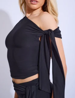 Hot Knot Detail Asymmetric One Shoulder Luxe Slinky Top Back In Stock | Co-ords