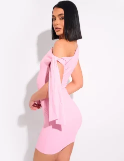 Fashion Knot Detail Asymmetric One Shoulder Luxe Slinky Mini Dress Dresses