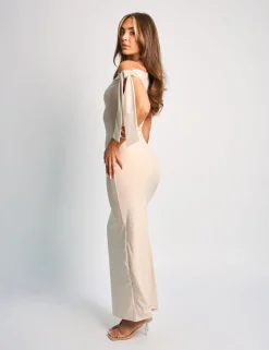 New Knot Detail Asymmetric One Shoulder Luxe Slinky Maxi Dress Dresses