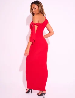Clearance Knot Detail Asymmetric One Shoulder Luxe Slinky Maxi Dress Dresses