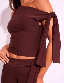 New Knot Detail Asymmetric One Shoulder Luxe Slinky Top Back In Stock | Co-ords