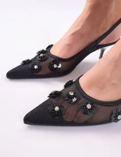 Outlet Kyle Floral Embellishment Mesh Slingback Kitten Heel Court Shoes Court Heels | Kitten Heels