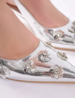 Best Kyle Floral Embellishment Mirror Slingback Kitten Heel Court Shoes Court Heels | Silver Heels