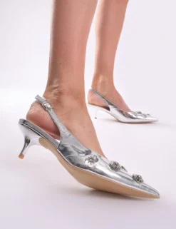 Best Kyle Floral Embellishment Mirror Slingback Kitten Heel Court Shoes Court Heels | Silver Heels