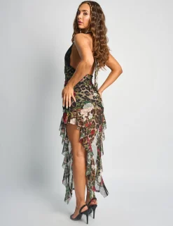 Shop Lace Plunge Halter Neck Ruffle Maxi Dress Multi Dresses