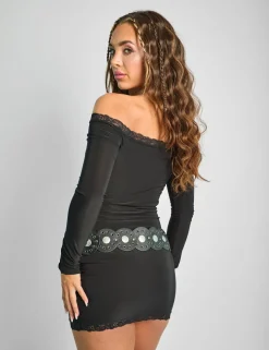 Discount Lace Trim Bardot Long Sleeve Mini Dress Dresses
