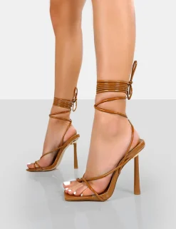 Cheap Lacey Caramel Square Toe Strappy Lace Up Stiletto Heels 5