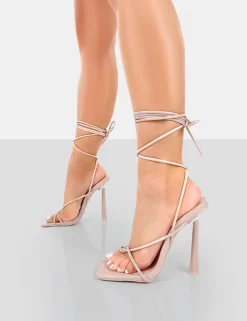 Hot Lacey Nude Patent Square Toe Strappy Lace Up Stiletto Heels 5