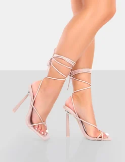 Hot Lacey Nude Patent Square Toe Strappy Lace Up Stiletto Heels 5