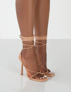 Online Lacey Wide Fit Nude PU Square Toe Strappy Lace Up Stiletto Heels Back In Stock | 5" Heels