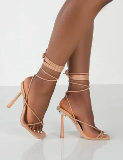 Online Lacey Wide Fit Nude PU Square Toe Strappy Lace Up Stiletto Heels Back In Stock | 5" Heels