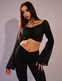 New Laddered Mesh Ruched Front Long Sleeve Crop Top Co-ords | Tops