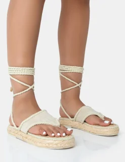 Clearance Laguna Beach Cream Towelling Flip Flop Raffia Sandals Flats