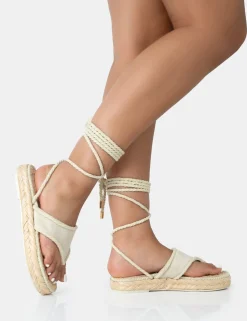 Clearance Laguna Beach Cream Towelling Flip Flop Raffia Sandals Flats