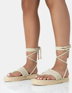 Clearance Laguna Beach Cream Towelling Flip Flop Raffia Sandals Flats
