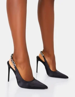 Best Sale Leanna Satin Diamante Slingback Court Stiletto Heel Court Heels | Diamante Heels