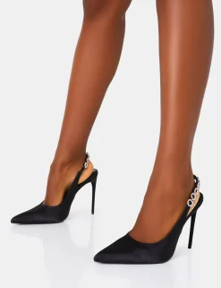 Best Sale Leanna Satin Diamante Slingback Court Stiletto Heel Court Heels | Diamante Heels