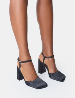 Cheap Leighton Satin Slant Toe Block Heels Square Toe Heels | Block Heels
