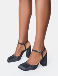 Cheap Leighton Satin Slant Toe Block Heels Square Toe Heels | Block Heels