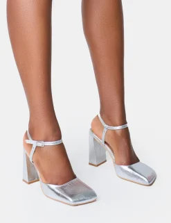 Online Leighton Cracked Slant Toe Block Heels Silver Heels | Block Heels