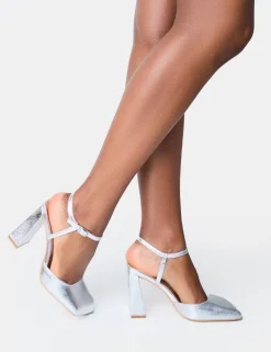 Online Leighton Cracked Slant Toe Block Heels Silver Heels | Block Heels