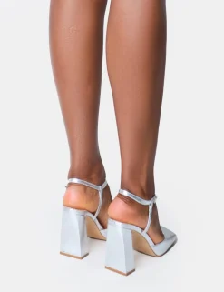 Online Leighton Cracked Slant Toe Block Heels Silver Heels | Block Heels