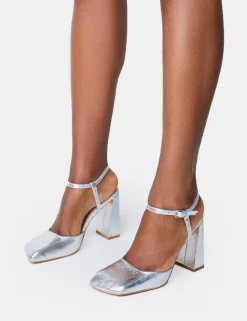Online Leighton Cracked Slant Toe Block Heels Silver Heels | Block Heels