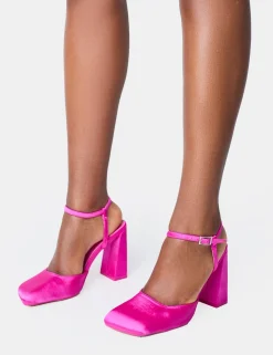 Store Leighton Satin Slant Toe Block Heels Pink Heels | Block Heels