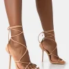 Sale Leilani Natural Nude Pu Strappy Lace Up Square Toe Stiletto Heels Square Toe Heels | High Heels