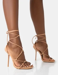 Sale Leilani Natural Nude Pu Strappy Lace Up Square Toe Stiletto Heels Square Toe Heels | High Heels