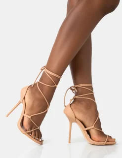 Sale Leilani Natural Nude Pu Strappy Lace Up Square Toe Stiletto Heels Square Toe Heels | High Heels