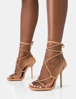 Sale Leilani Natural Nude Pu Strappy Lace Up Square Toe Stiletto Heels Square Toe Heels | High Heels