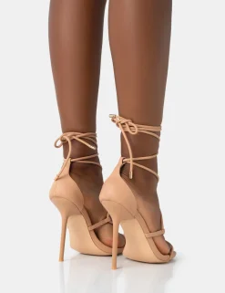 Sale Leilani Natural Nude Pu Strappy Lace Up Square Toe Stiletto Heels Square Toe Heels | High Heels
