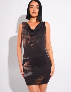 Flash Sale Leopard Graphic Cowl Neck Mini Dress Dresses