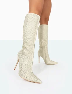 Best Sale Lexi Gold Diamante Stiletto Knee High Boots Diamante Heels | Block Heels