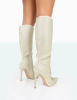 Best Sale Lexi Gold Diamante Stiletto Knee High Boots Diamante Heels | Block Heels